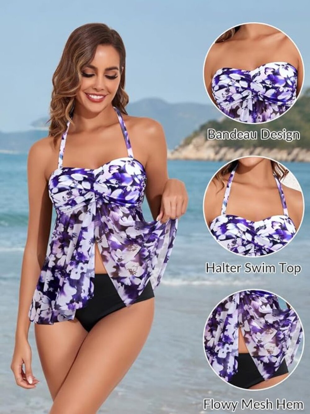 Vibrant Purple Floral Twist-Front Tankini Swim Top